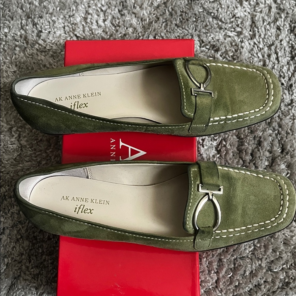 Anne Klein Olive Green Suede Loafers